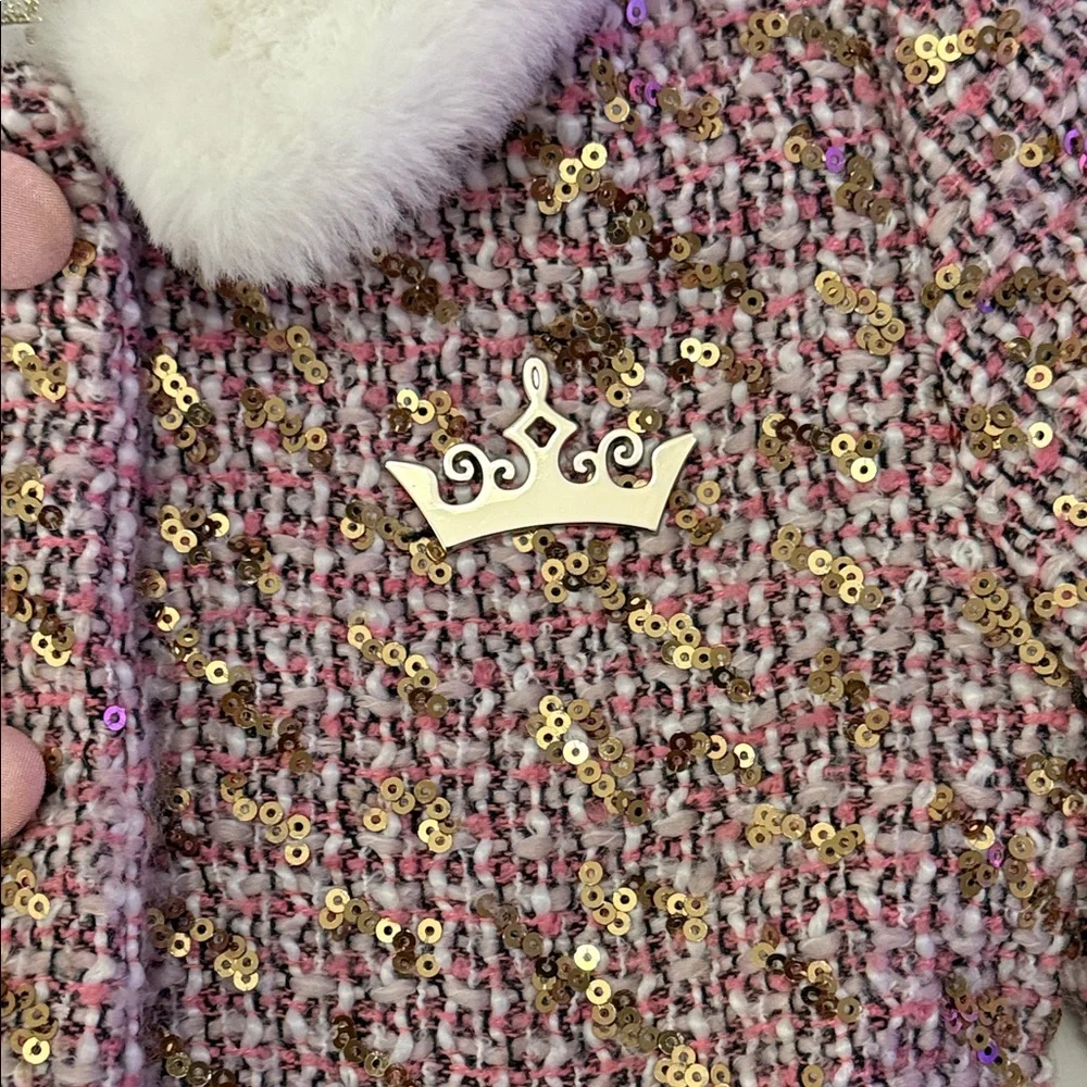 Disney Princess Tweed Coat Girls 5/5 Pink Sequins Faux Fur Dress-up Fairytale